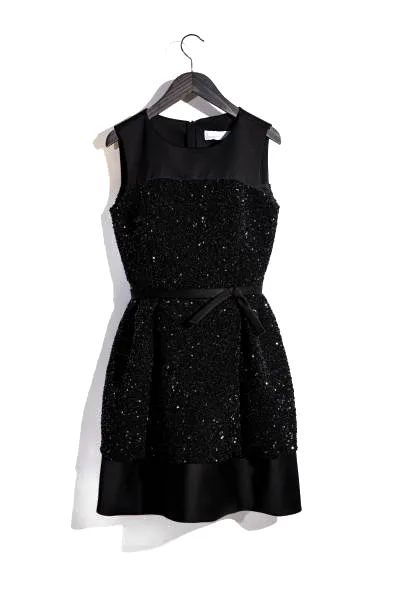 Une robe noire brodée, sur fond ivoire.